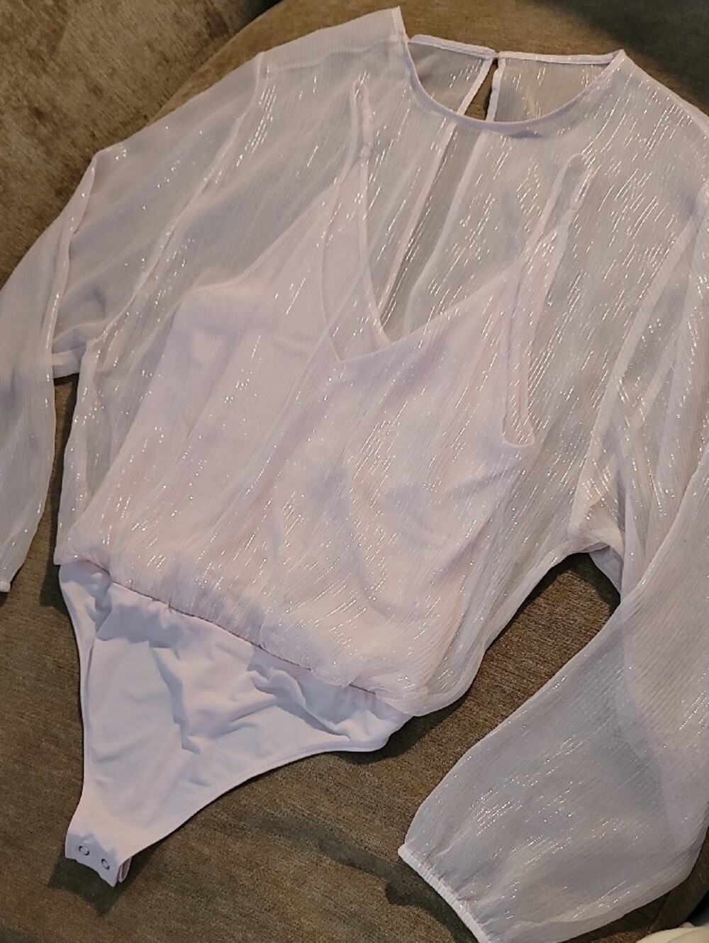 Express Sheer Pale Pink Shimmery Bodysuit Blouse With Silver Sparke Stripes